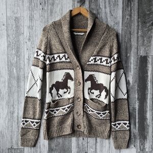 Bluenotes Horses Equestrian Acrylic Cardigan Sweater Tan Brown Medium